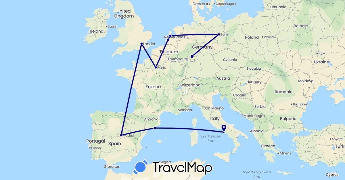 TravelMap itinerary: driving in Germany, Spain, France, United Kingdom, Italy, Netherlands (Europe)
